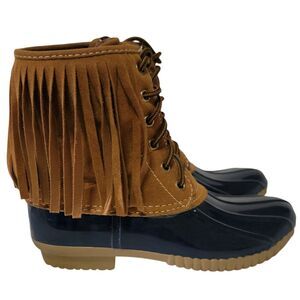 Adriana New York Dylan Duck Boots Fringe Navy Blue Brown Waterproof Rain Boots